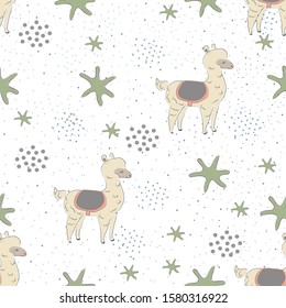 Seamless Pattern with Cute Llamas on cute background. Scandinavian Style. 