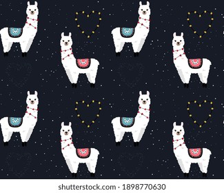 Seamless pattern with cute llamas on starry space background. Background for wrapping paper,  greeting cards and seasonal designs. Happy Valentine's day.