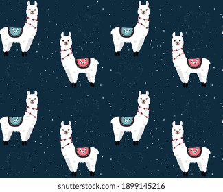 Seamless pattern with cute llamas on starry space background. Background for wrapping paper,  greeting cards and seasonal designs. Happy Valentine's day.