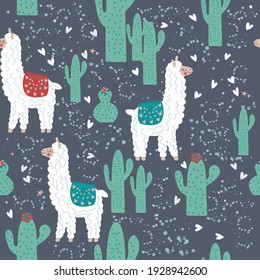 Seamless pattern of cute llamas on a dark blue background. Vector illustration 