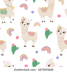 Seamless pattern with cute llamas, rainbow and cacti. Background with funny Alpaca babies for textiles, children's clothing, Wallpaper. Vector illustration