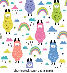 Seamless pattern with cute llamas and rainbows
