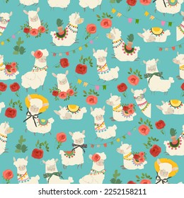 Seamless Pattern with Cute Llamas and Red Roses