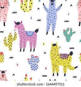 Seamless pattern with cute llamas and succulents in Scandinavian style. Funny alpacas in different poses background. Trendy design with animals. Vector illustration