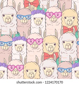 Seamless pattern with cute Llamas with trendy accessories - glasses, bow-tie, flowers, scarf. Print for fabric, t-shirt, poster. Vector illustration
