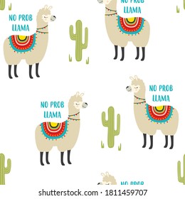 seamless pattern of cute llamma with lettering no probllama and cactus isolated on white background, vector illustration