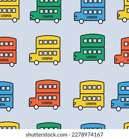 Seamless pattern with cute london bus hand draw. . Perfect for kids apparel, fabric, textile, nursery decoration, wrapping paper. Vector Illustration Design. Baby seamless pattern.