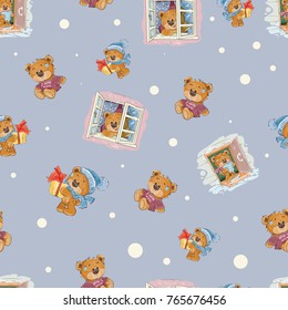Seamless pattern with a cute lonely brown teddy bear bored and waiting for someone, I miss you, vector cartoon illustration. Wallpaper print, template for childrens textiles, wrapping paper