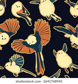 Seamless pattern with cute long-tailed tits. Vector illustration.