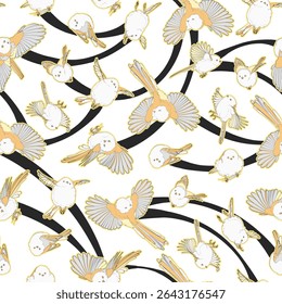 Seamless pattern with cute long-tailed tits. Vector illustration.