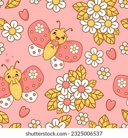 Seamless pattern with cute in love butterflies and flowers on pink background. Groovy vector Illustration for wallpaper, design, textile, packaging, decor. Kids collection