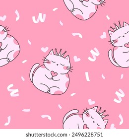 Seamless Pattern of Cute Love Cat Wearing Crown with Paper Confetti on Pink Background