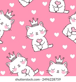 Seamless Pattern of Cute Love Cat Queen Wearing Crown on Pink Background