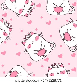 Patrón inconsútil de la reina linda del gato del amor que lleva la corona en fondo rosado