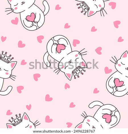 Seamless Pattern of Cute Love Cat Queen Wearing Crown on Pink Background
