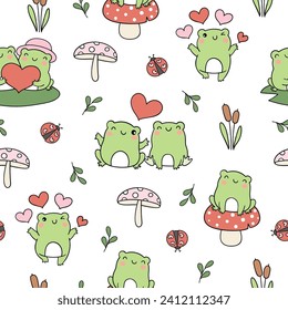 Seamless pattern cute love frog For Valentine day Fabric textiles Clothing kids Wallpaper background Doodle cartoon style