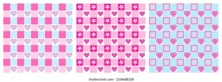 Seamless pattern with cute love hearts and flowers in plaid background isolated on white. Endless pattern for Valentines day, Easter, wrapping paper, gifts, cover or other use. Vector illustration set