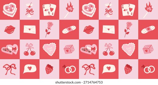 Patrón sin fisuras con lindos iconos de amor, corazones, regalos y caramelos de chocolate, fondo de Vector rosa y rojo