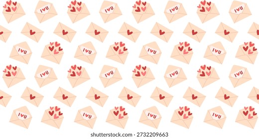 Seamless pattern with cute love letters and hearts. Romantic illustration for Valentine, print, greeting card, wrapping paper, stationery, packaging, wallpaper, textile, sweet love design. Hand drawn.