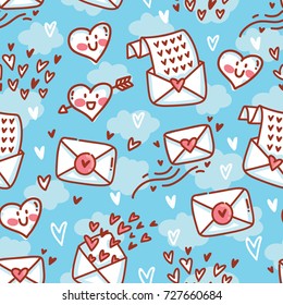 Seamless pattern with cute love letters and heart characters, background design