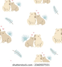 Seamless pattern with cute lovely capybaras and tropical leaves. Colorful design for clothins, gift boxes, wrapping paper, wallpaper