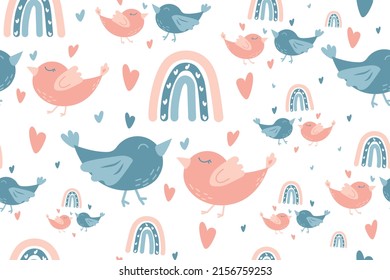 Seamless pattern with cute lovers birds, rainbow and hearts. Childish print for nursery. For baby posters, cards, clothes. Suitable for Valentine's Day. Vector cartoon illustration in pastel colors