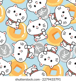 Seamless pattern of cute lucky cat with coin money on blue background.Japanese doll.Rich concept.Meow lover.Kitten.Kawaii.Vector.Illustration.