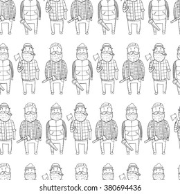 Seamless pattern with cute lumberjacks. Vector illustration