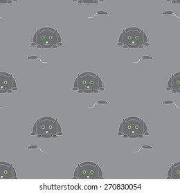 Seamless pattern with cute lying grey colored cat with light grey contour follows small mouse with big green eyes isolated on grey background