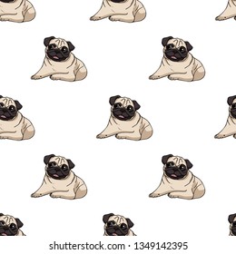 Seamless pattern with cute lying pugs on white background. Endless texture with funny dogs for your design