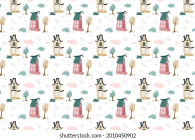 Ein nahtloses Muster süßer Zauberhäuser, Bäume, Büsche und Wolken auf weißem Hintergrund. Vektordoodle-Illustration für die Dekoration