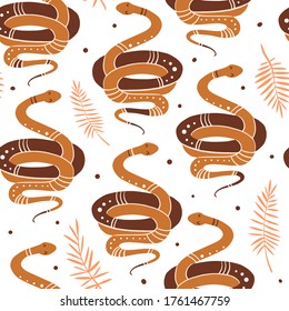 Seamless pattern with cute magic snake. Funny exotic animals texture. Flat style doodle tropical illustration for kids design, wallpaper, wrapping, textile. Nature, wildlife. Zoo vector background