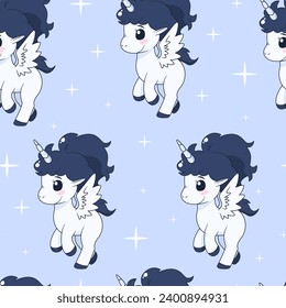 Seamless pattern with cute magic unicorn with wings, horn and stars. Repeated tile with cartoon characters on pink backdrop. Childish vector design.