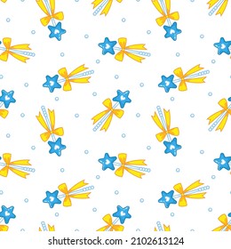 Seamless pattern with cute magic wands decorated with a blue star and a yellow ribbon bow. Magic children's print for clothes and postcards. Vector illustration in minimalistic flat style