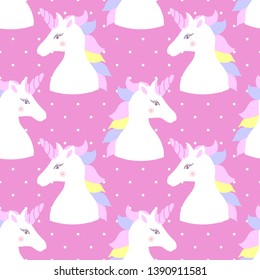 Seamless pattern with cute magical horses on a pink background. Unicorn. For the design of fabrics, wallpapers. Vector