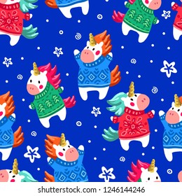 Seamless pattern. Cute magical unicorns in Christmas sweaters. Children unicorns celebrate Christmas in the snowfall. For greeting cards, wrapping paper and more. Merry Christmas and Happy New Year!