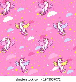 Seamless pattern with cute magical unicorns in the sky with colorful clouds and stars. Vector illustration.