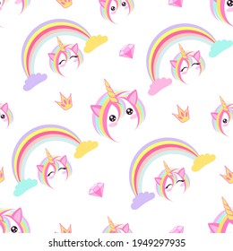 Seamless pattern with cute magical unicorns in the sky with colorful clouds and rainbows. Vector illustration.