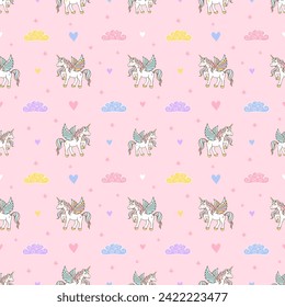 Seamless pattern of cute magical unicorns with wings on the sky with colorful clouds and stars. Vector cartoon design. Background texture for wrapping paper, printing on fabric for children.