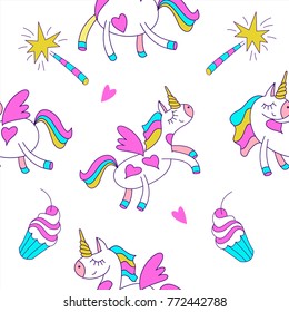 Seamless pattern with cute magical unicorns. Vector illustration. Unicorns, rainbows, clouds, magic wand. Beautiful patterns for print on textile, wrapping paper