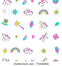 Seamless pattern with cute magical unicorns. Vector illustration. Unicorns, rainbows, clouds, magic wand. Beautiful patterns for print on textile, wrapping paper