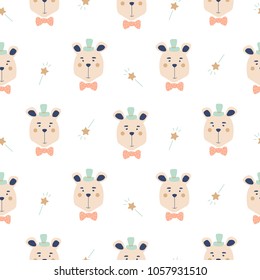 Seamless pattern with cute magician bears.