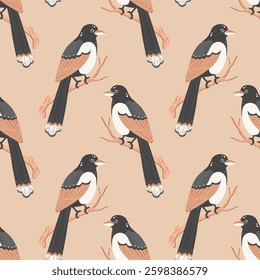 Seamless pattern, cute magpie birds on a branch on a white background. Print, textile