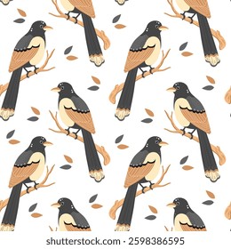 Seamless pattern, cute magpie birds on a branch on a white background. Print, textile
