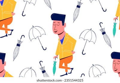 Seamless pattern with a cute male character. Retro character of a man with an umbrella. Vector background in vintage style. Aesthetics of the 60s, 70s.