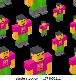 Seamless pattern with cute man created by joining cubes.