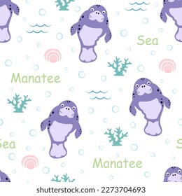 seamless pattern with cute manatee, cartoon vector illustration with funny dugong for nursery design, wrapping paper, clothing, fabric, flat style svg