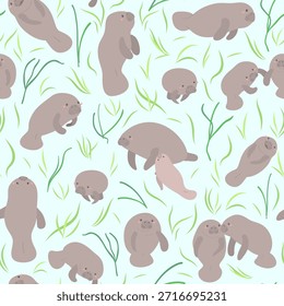 Seamless pattern with cute Manatee families vector illustration for wrapping paper and nursery designs. environment