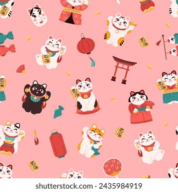 Seamless pattern with cute maneki neko flat style, vector illustration on pink background. Decorative design for wrapping and packaging, traditional Japanese cat toy, fortune cat