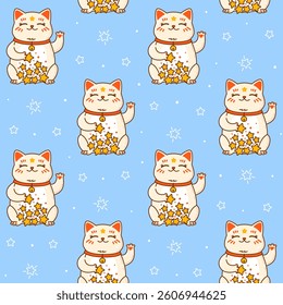 Seamless pattern with cute сartoon maneki neko on blue background  - funny asian wallpaper for Your kawaii design